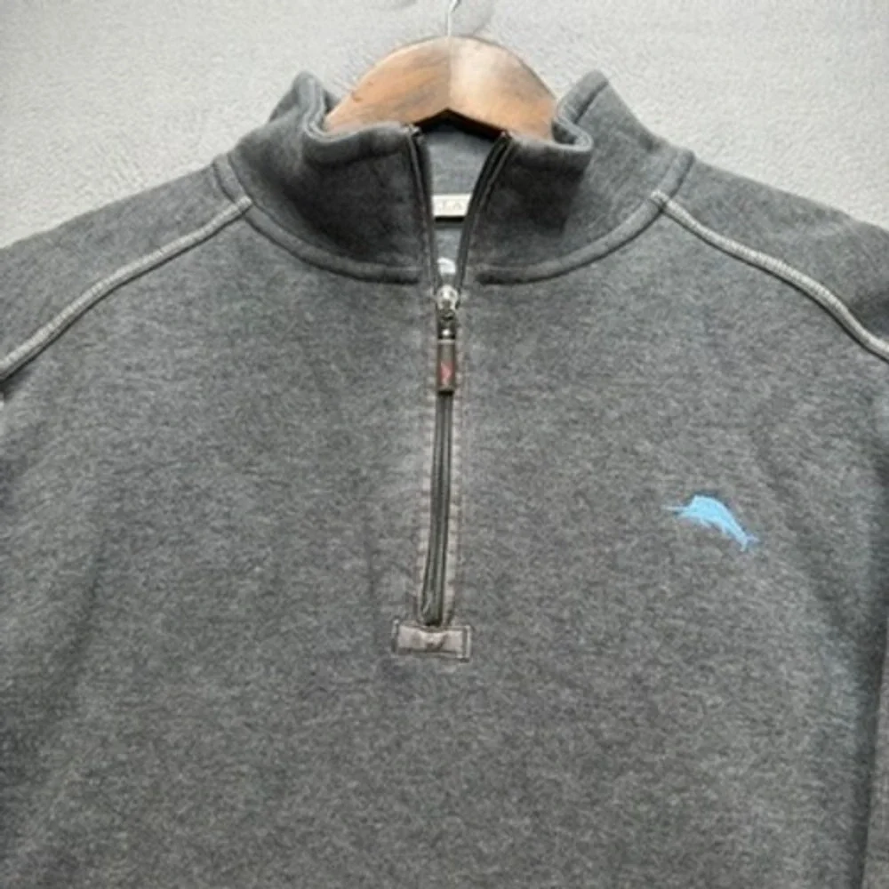 Tommy Bahama Relax Quarter Zip Pullover Sweater Relaxed Medium Gray Cotton Logo